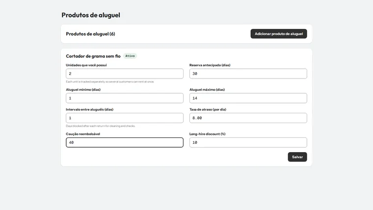Configuração de aluguel no admin: unidades, aluguel mínimo e máximo, intervalo entre aluguéis, taxa de atraso e caução reembolsável